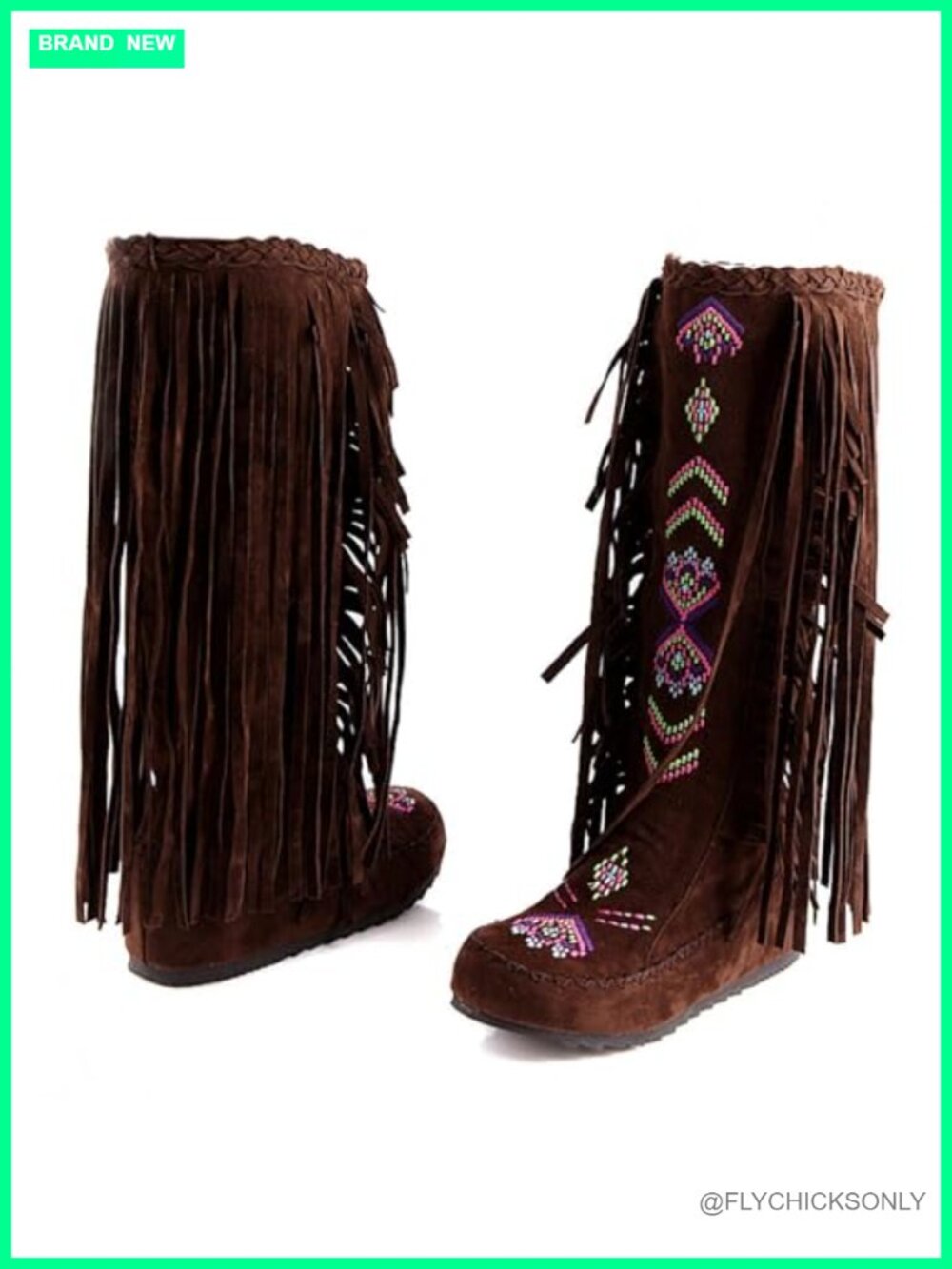 Suede Fringe Western Boots Embroidered Pull On Mid Calf Knee High Flat